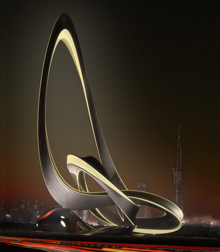 night view with skyline of Dubai in background