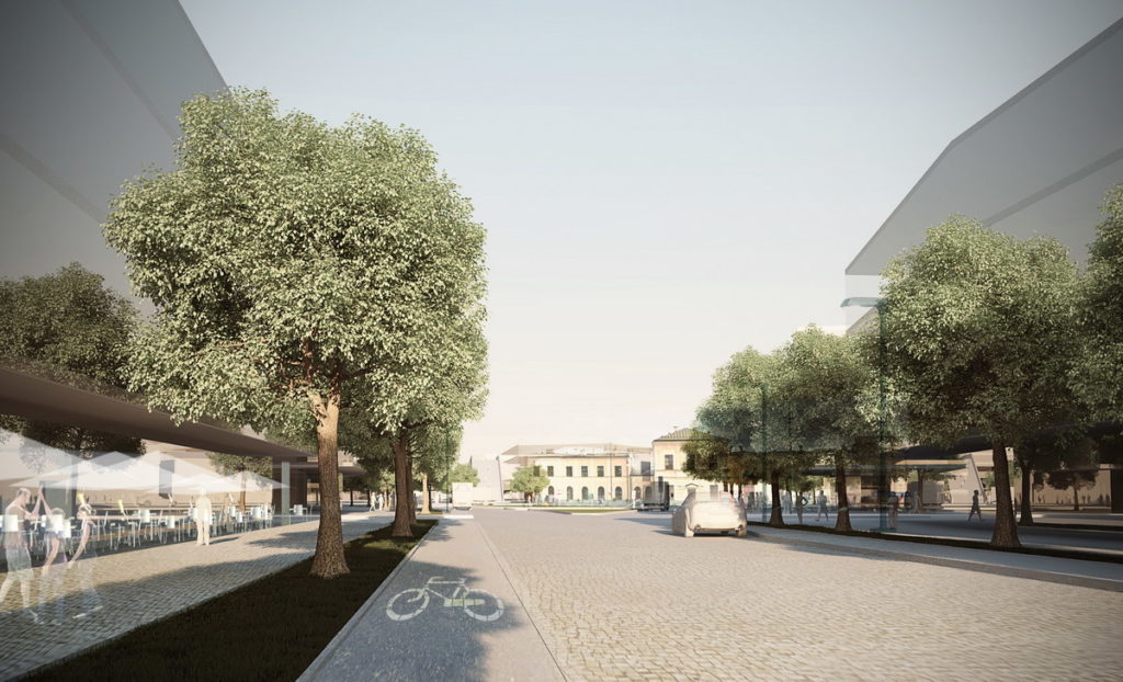 View from boulevard at Zwycięstwa Street toward Main Railway Station