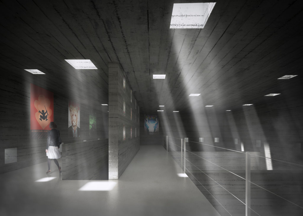 Wizualizacja przestrzeni wystawienniczej wewnątrz bunkra